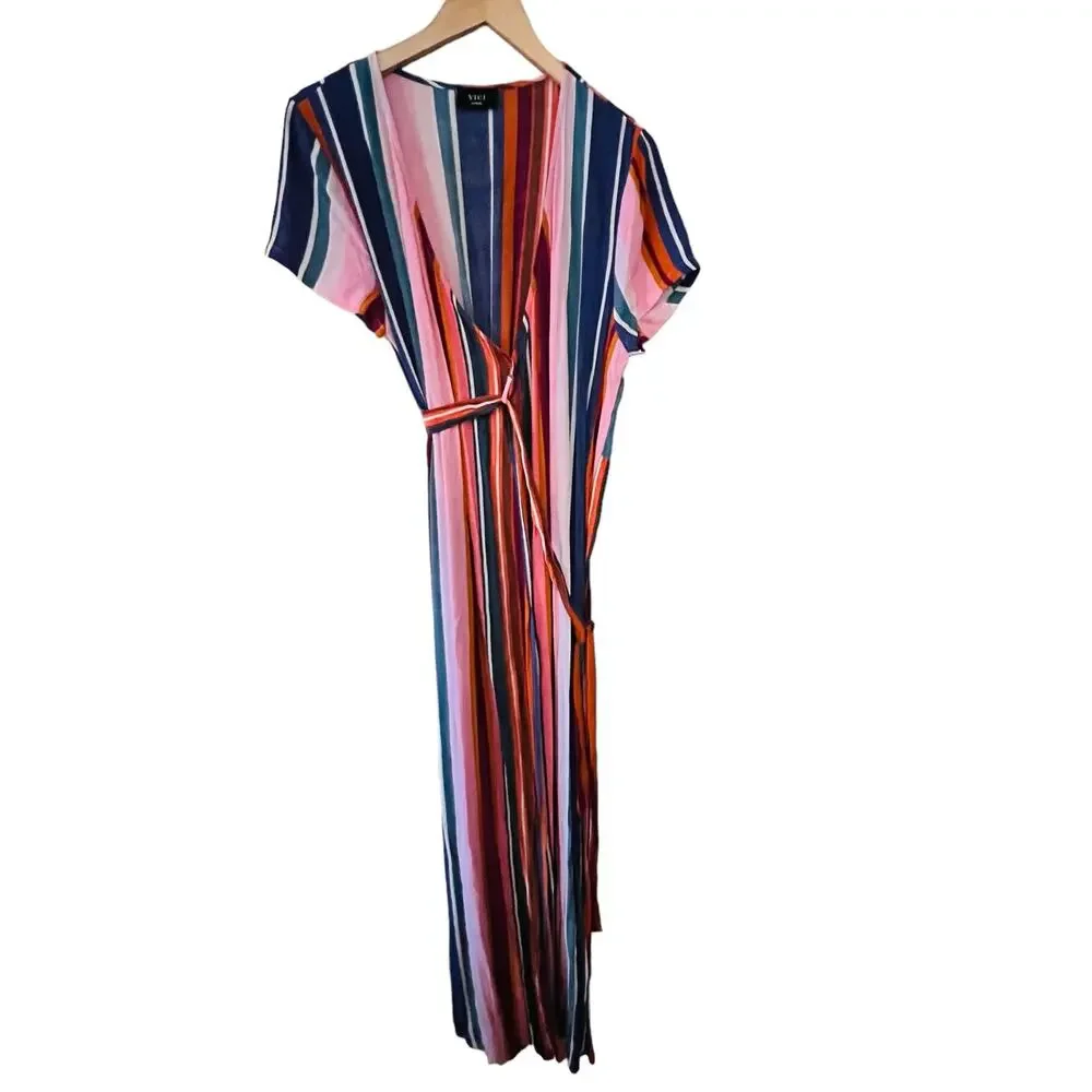 Vici Multicolored striped Short Sleeve Wrap Maxi Dress size L Large - Picture 3 of 5